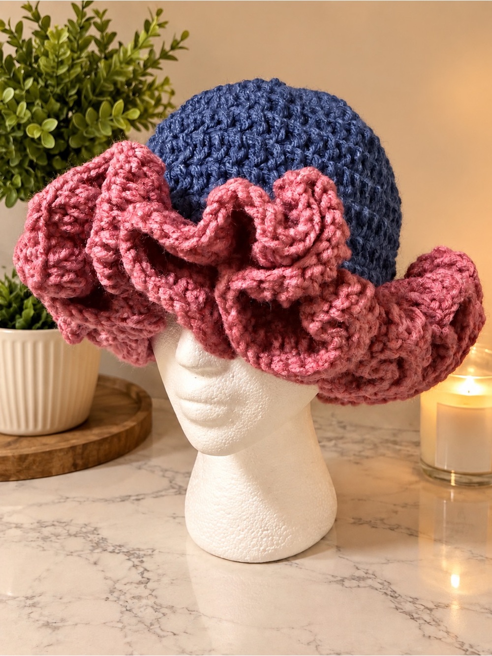 Handmade Blue and Pink Crochet Ruffle Hat